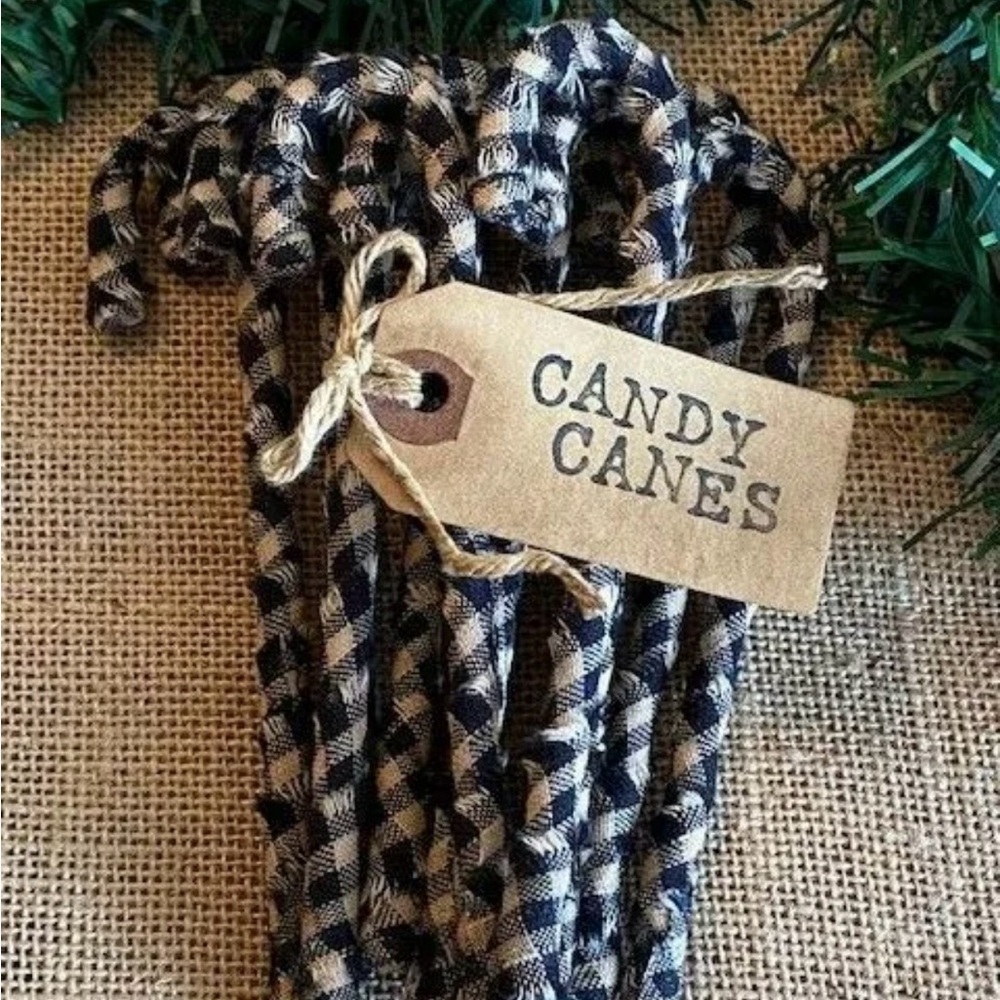 12 Primitive 6" Handmade black plaid Fabric Candy Canes Christmas Ornaments